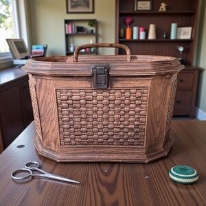 Vintage Lerner Plastic Faux Wood Sewing/Storage Box With Tray